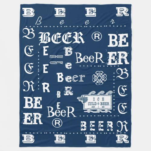 Ice Cold Beer Sign_ White and Blue Fleece Blanket