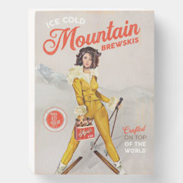 "Ice Cold Mountain Brewskis" Retro Pinup Ski Art Wooden Box Sign