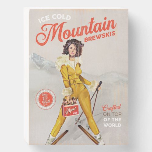 Ice Cold Mountain Brewskis Retro Pinup Ski Art Wooden Box Sign