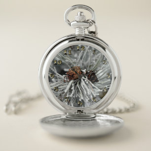 Ice Covered Pine Cones in Winter Pocket Watch