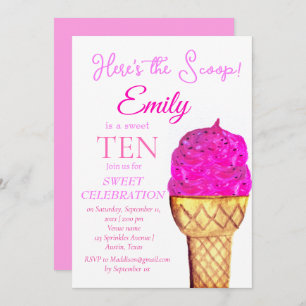 Ice Cream 10th Birthday Girl Pink Watercolor Invitation