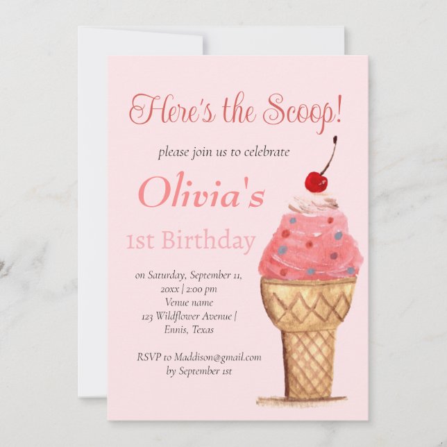 Ice Cream 1st Birthday Girl Pink Watercolor Invitation (Front)