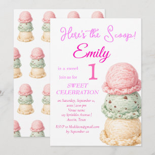 Ice Cream 1st Birthday Girl Pink Watercolor  Invitation
