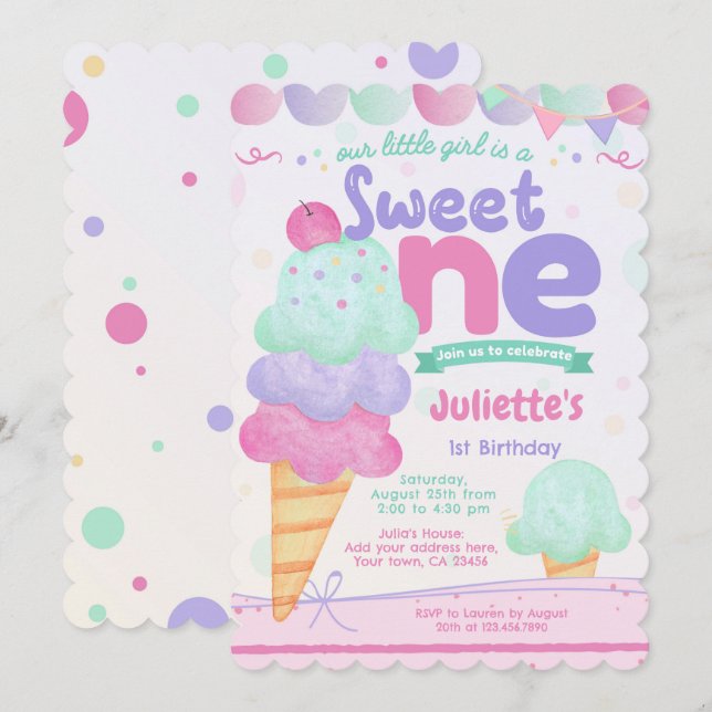 Ice Cream 1st Birthday Party Invitation  (Front/Back)