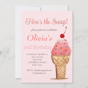 Ice Cream 2nd Birthday Girl Pink Watercolor Invitation