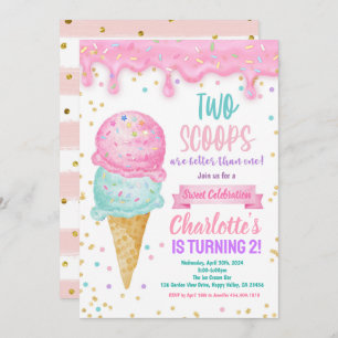 Ice Cream 2nd Birthday Party 2 Scoops Better  Invitation
