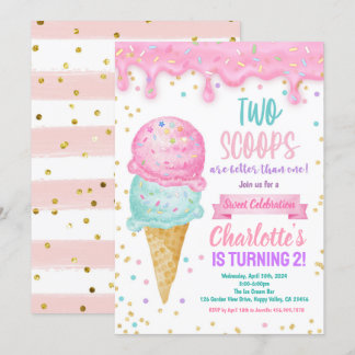 Ice Cream 2nd Birthday Party 2 Scoops Better  Invitation