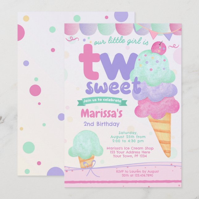 Ice Cream 2nd Birthday Party Invitation (Front/Back)