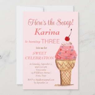 Ice Cream 3rd Birthday Girl Pink Watercolor Invitation