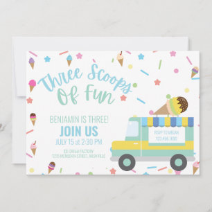 Ice Cream 3RD Third Birthday Sibling Triplets Twin Invitation