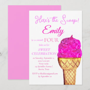 Ice Cream 4th Birthday Girl Pink Watercolor Invitation
