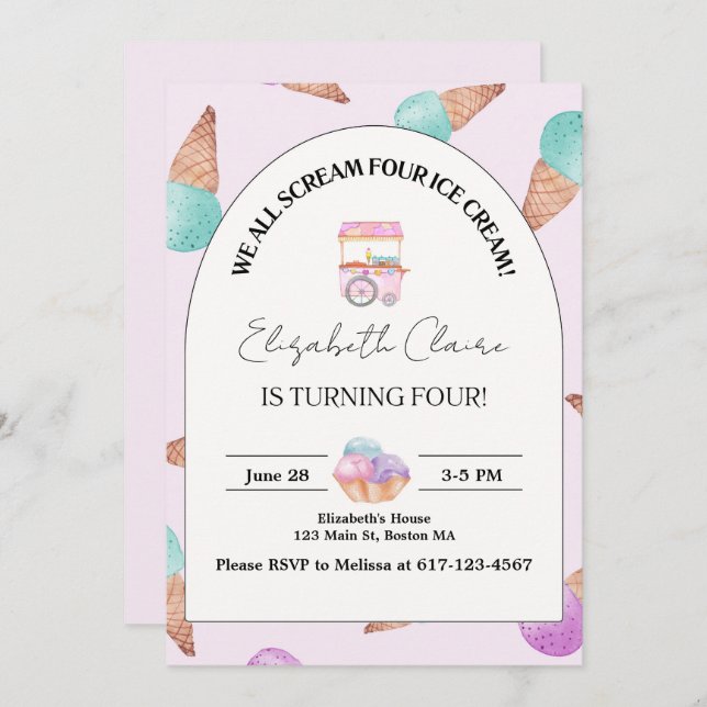 Ice Cream 4th Birthday Invitation  (Front/Back)
