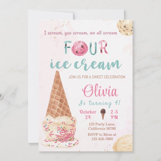 Ice Cream 4th Birthday Invitation Icecream Invite (Front)