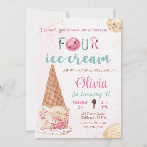 Ice Cream 4th Birthday Invitation Icecream Invite