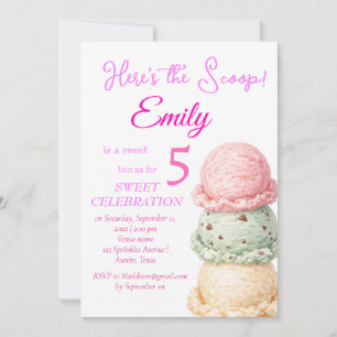 Ice Cream 5th Birthday Girl Pink Watercolor Invitation