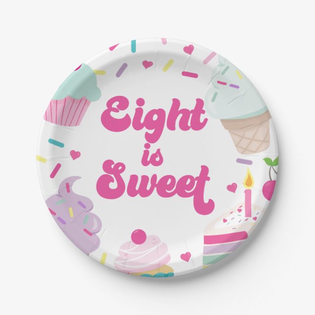 Ice Cream and Cake Eight is Sweet 8th Birthday Paper Plates (Front)