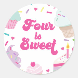 Ice Cream and Cake Four is Sweet 4th Birthday Classic Round Sticker