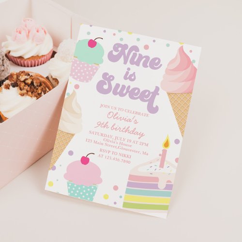 Ice Cream and Cake Nine is sweet 9th Birthday Invitation