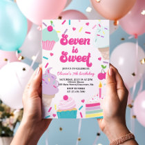 Ice Cream and Cake Seven is Sweet 7th Birthday Invitation