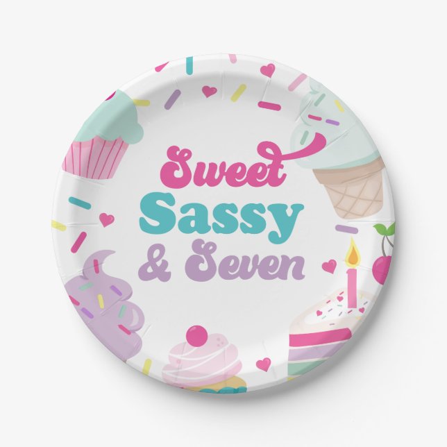 Ice Cream and Cake Sweet Sassy Seven 7th Birthday Paper Plates (Front)