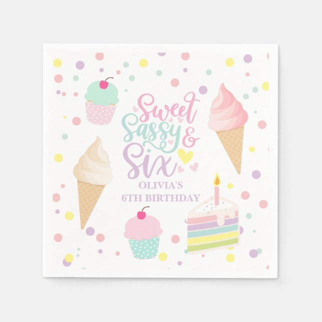 Ice Cream and Cake Sweet Sassy Six 6th Birthday Napkins (Front)