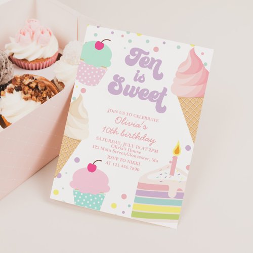 Ice Cream and Cake Ten is sweet 10th Birthday Invitation