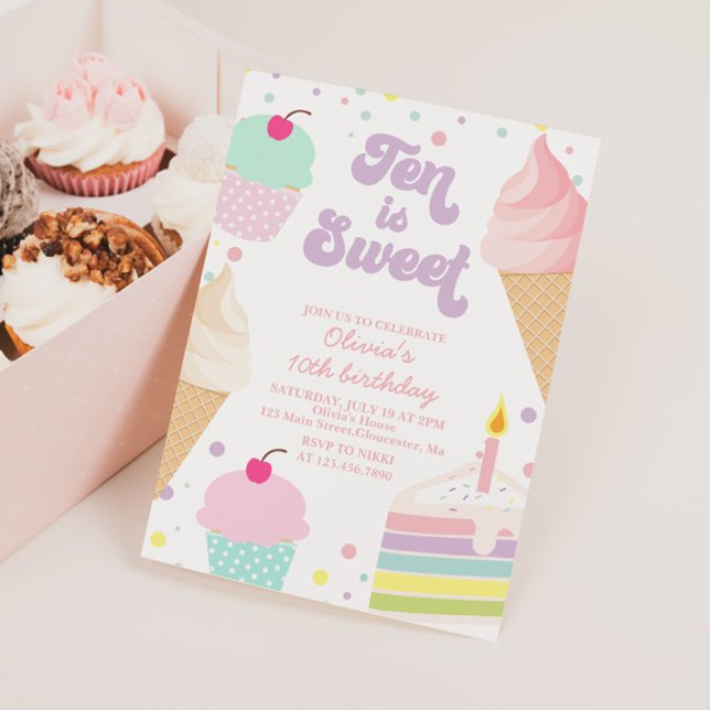 Ice Cream and Cake Ten is sweet 10th Birthday Invitation (Creator Uploaded)