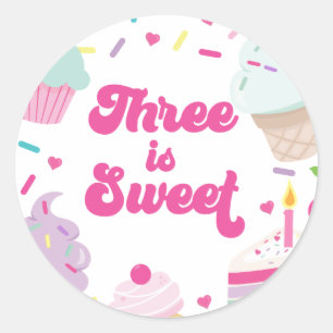 Ice Cream and Cake Three is Sweet 3rd Birthday Classic Round Sticker