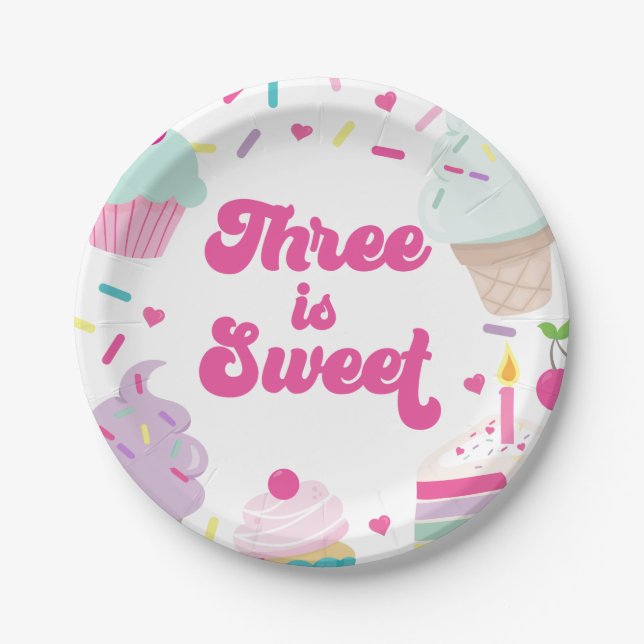 Ice Cream and Cake Three is Sweet 3rd Birthday Paper Plates (Front)