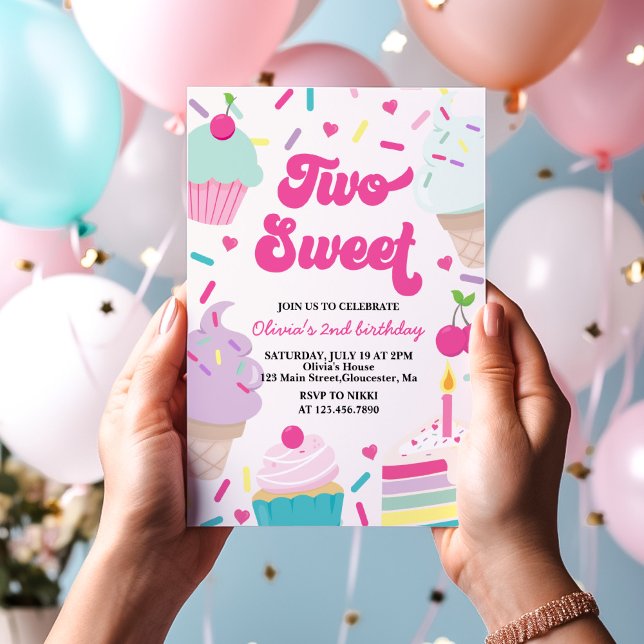 Ice Cream and Cake Two Sweet 2nd Birthday Invitation (Creator Uploaded)