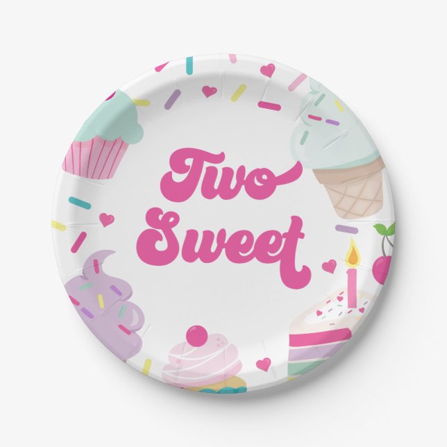Ice Cream and Cake Two Sweet 2nd Birthday Paper Plates (Front)