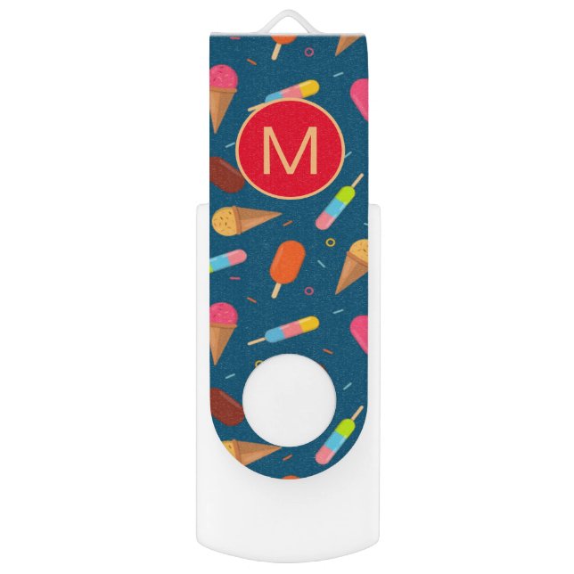 Ice Cream and Lollies Dark Blue Monogram Flash Drive (Front Vertical)