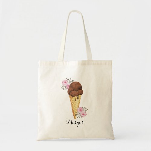 Ice Cream and Pink Flowers Watercolor Tote Bag