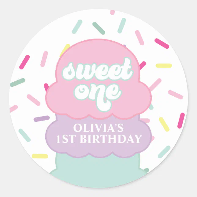Ice Cream and Sprinkles Sweet One 1st Birthday Classic Round Sticker ...