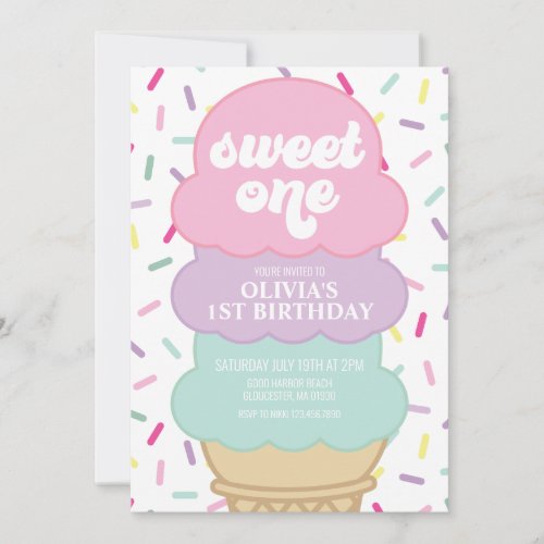 Ice Cream and Sprinkles Sweet One 1st Birthday Inv Invitation