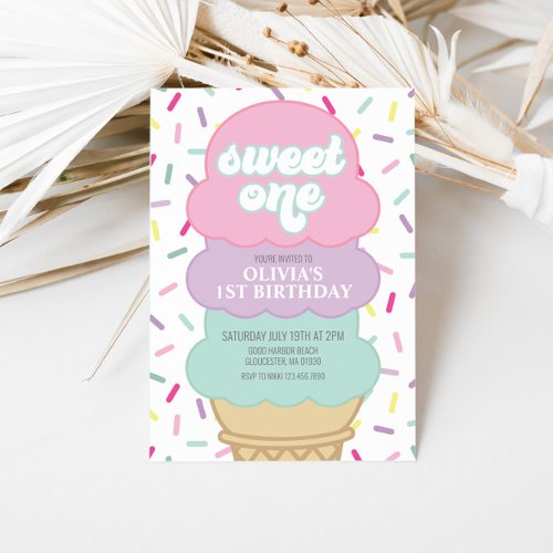 Ice Cream and Sprinkles Sweet One 1st Birthday Invitation