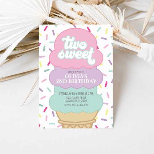 Ice Cream and Sprinkles Two Sweet 2nd Birthday Invitation