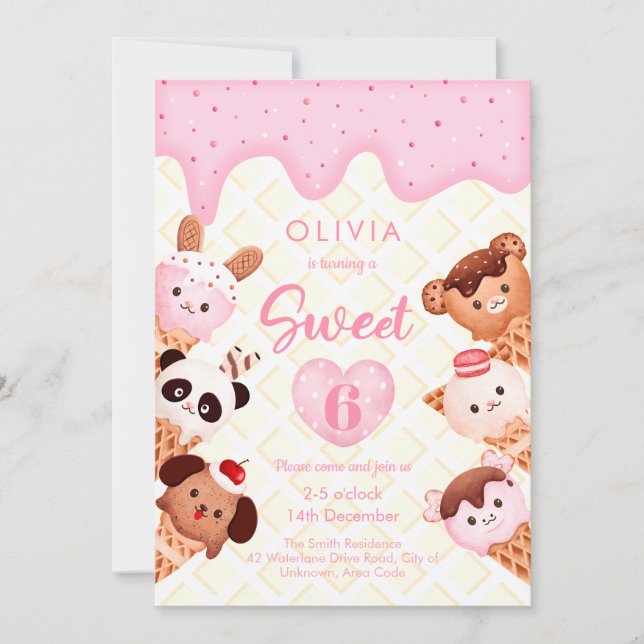 Ice cream and sweets Pink Girl Kid Birthday  Invitation (Front)