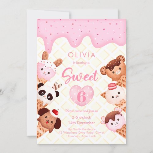 Ice cream and sweets Pink Girl Kid Birthday  Invitation