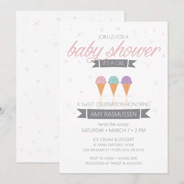 Ice Cream Baby Shower Invitation - It's a Girl (Front/Back)