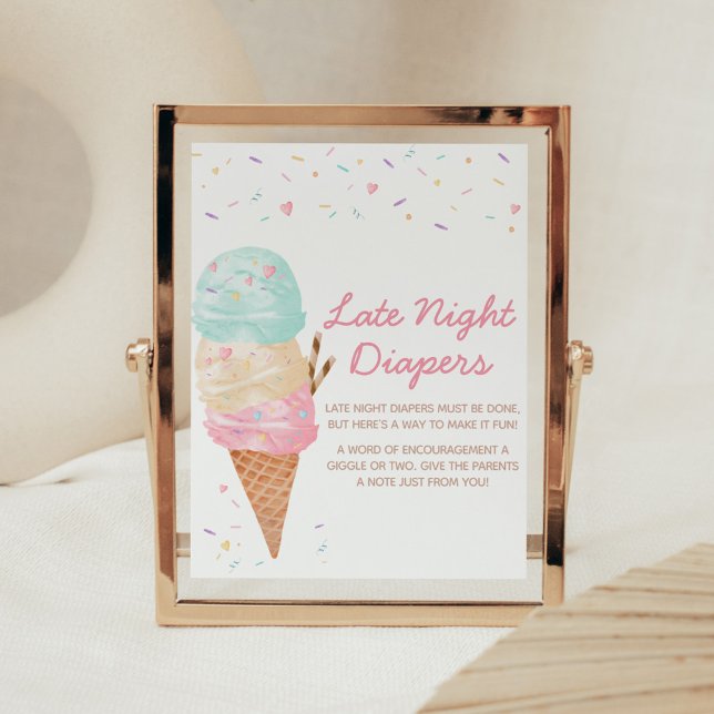 Ice Cream Baby Shower Late Night Diapers Poster (Ice Cream Sprinkled with Love Baby Shower Late Night Diapers Sign)