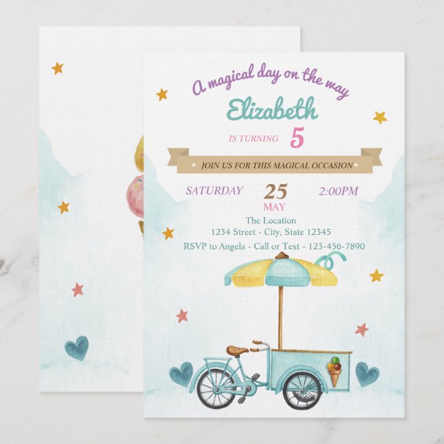 Ice Cream Bicycle,Cones, Birthday  Invitation (Front/Back)