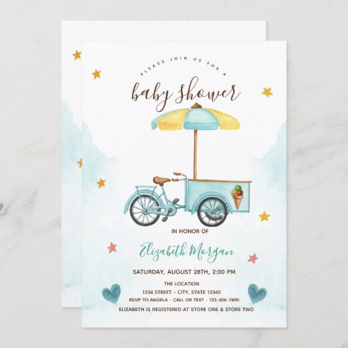 Ice Cream Bicycle Pink Striped Baby Shower  Invitation