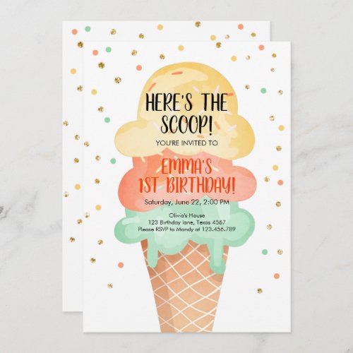 Ice Cream Birthday Heres the Scoop Party Summer Invitation