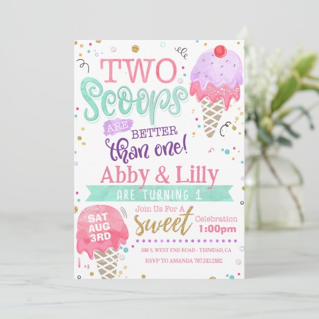 Ice Cream Birthday Invitation - Twins Two Scoops (Standing Front)