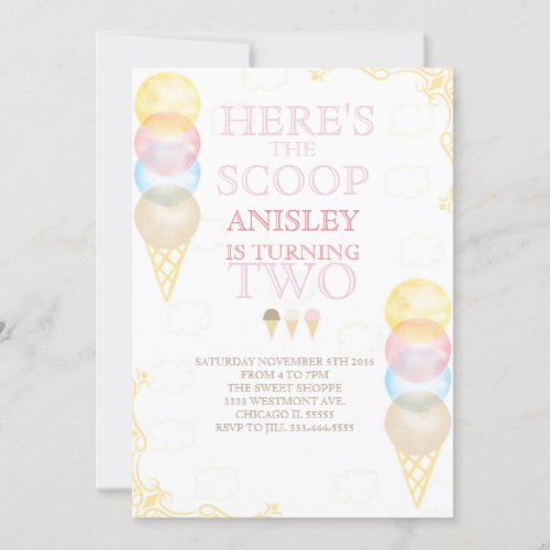 Ice cream birthday invitation water color invite