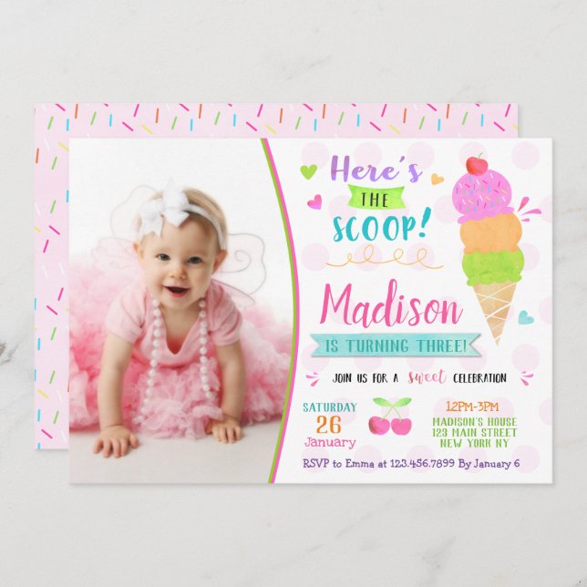 Ice Cream Birthday Invitations (Front/Back)