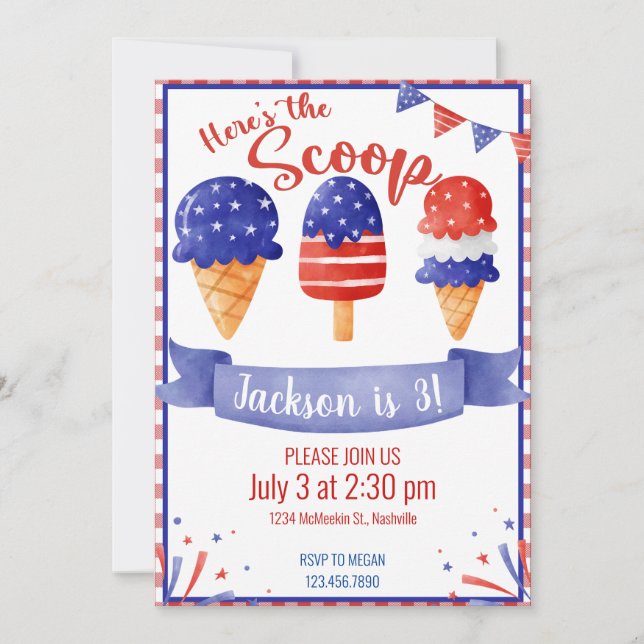 Ice Cream Birthday July 4th Patriotic The Scoop Invitation (Front)