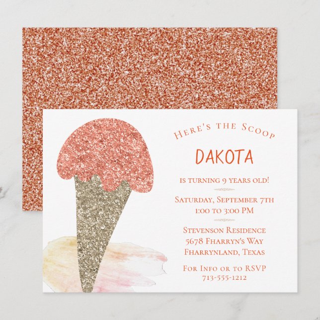 Ice Cream Birthday | Modern Sweet Rose Gold Party Invitation (Front/Back)