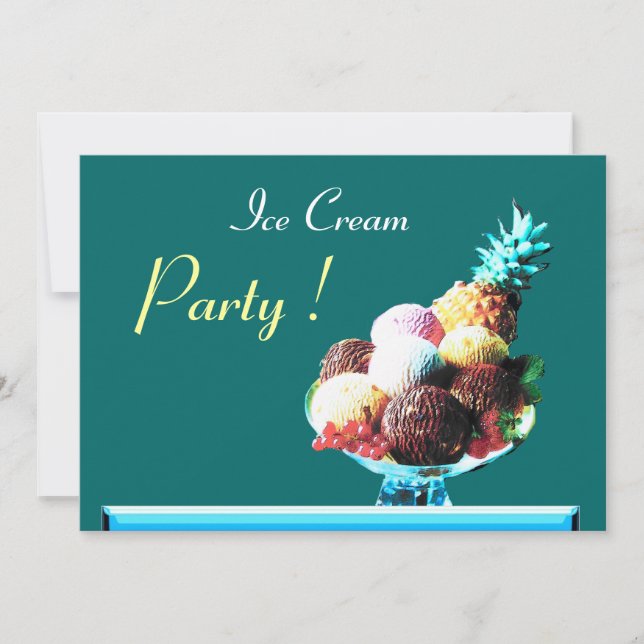 ICE CREAM BIRTHDAY PARTY 2, blue green Invitation (Front)